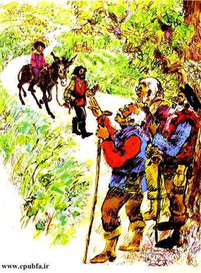 پس از مدتی، درحالیکه پسر، سوار و پدر، پیاده بود به سه پیرمرد برخوردند